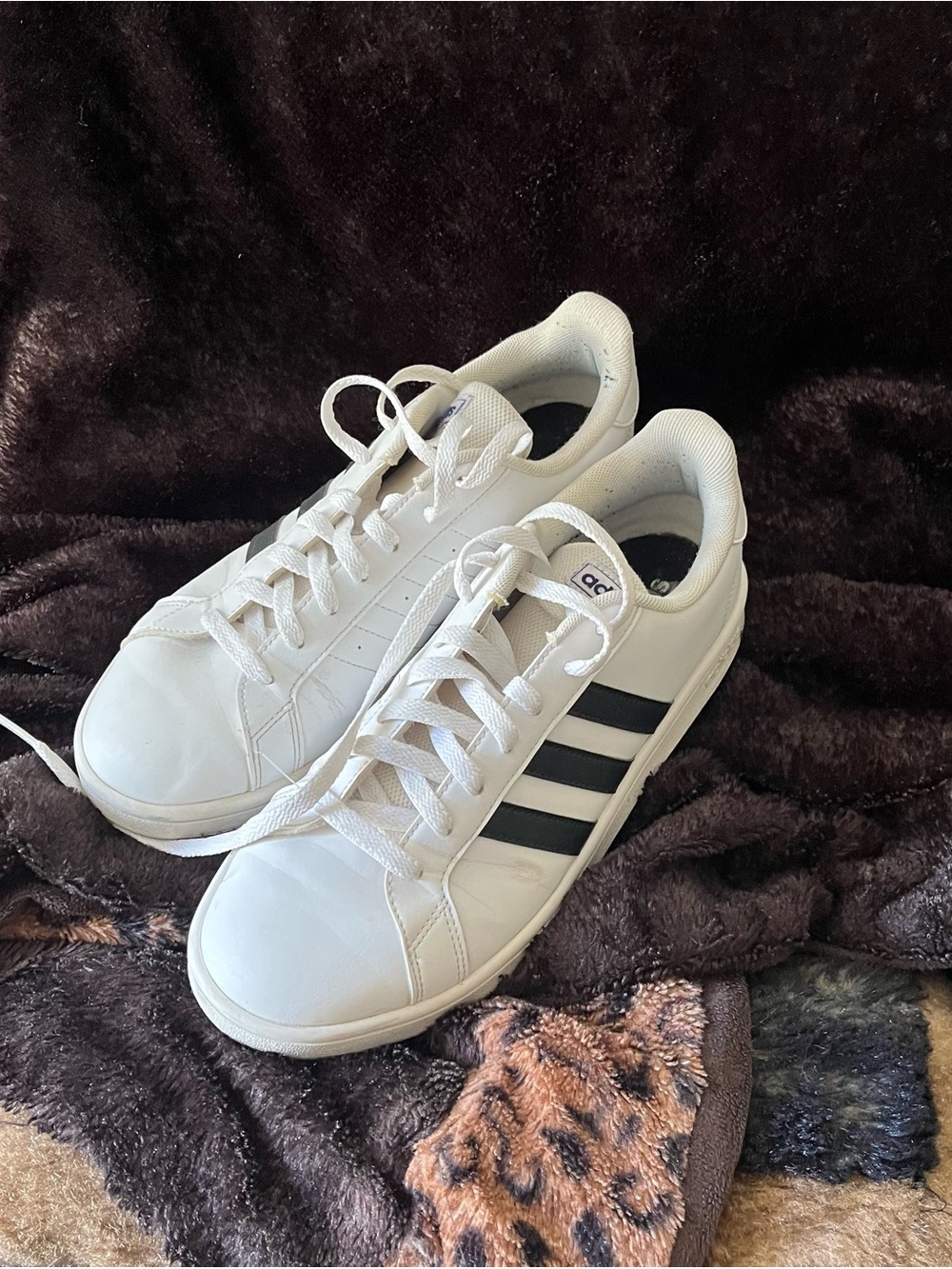 Adidas Grand Court White Sneakers with Black Three-Stripes 9.5